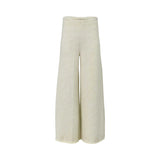 Front view of women's wide-leg knit trousers in a textured oatmeal cream color with a high-waisted seamless design.