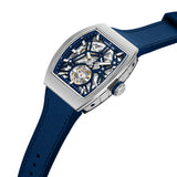 Detailed close-up studio shot of the automatic Calliano watch dial, highlighting the day-date indicators, silver structural screws, and blue crown guard