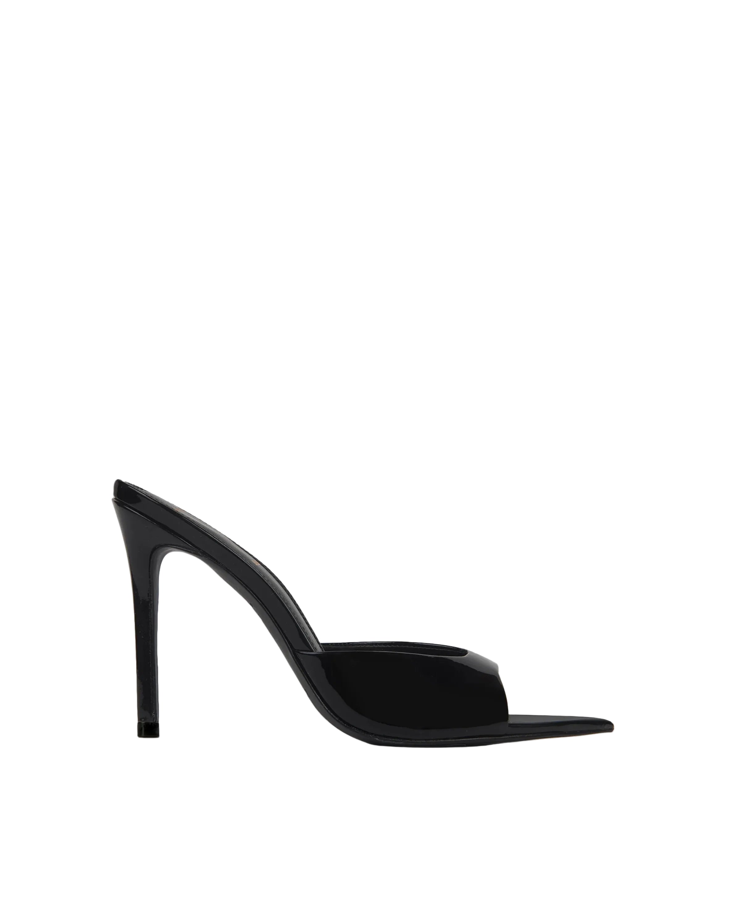 Profile view mule in black patent leather, showcasing the high stiletto heel and sharp pointed-toe silhouette.