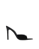 Profile view mule in black patent leather, showcasing the high stiletto heel and sharp pointed-toe silhouette.