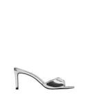 Profile of a Black Suede Studio silver mirror metallic mule heel featuring a sleek stiletto and a wide reflective toe strap.