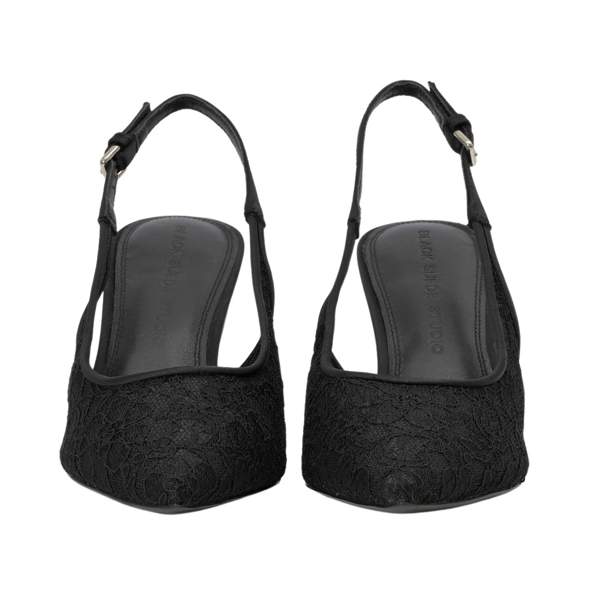A pair of black slingback high heels with a textured lace overlay on the toe, shown from the back on a white background.