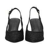 A pair of black slingback high heels with a textured lace overlay on the toe, shown from the back on a white background.