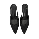A pair of black pointed-toe slingback heels with a textured suede-like finish, shown from a top-down view on a plain white background.