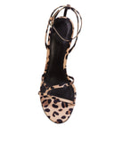 Overhead shot of a Black Suede Studio leopard print sandal featuring a black leather insole and an intricate multi-strap design across the toe.