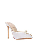 Profile of a white mesh and satin high-heeled mule by Black Suede Studio, highlighting the sheer side panels and the elegant placement of the pearl embellished.