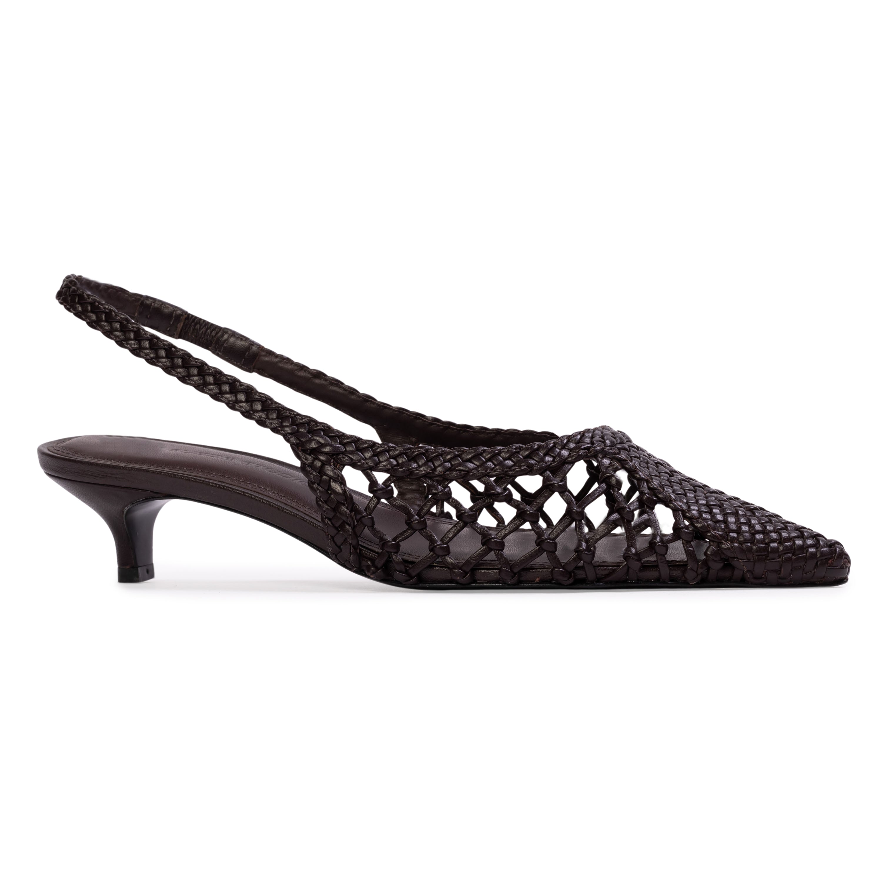 Direct outer side profile view of the BLACK SUEDE STUDIO Maggie 35 Black Coffee pointed-toe slingback.