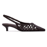 Direct outer side profile view of the BLACK SUEDE STUDIO Maggie 35 Black Coffee pointed-toe slingback.