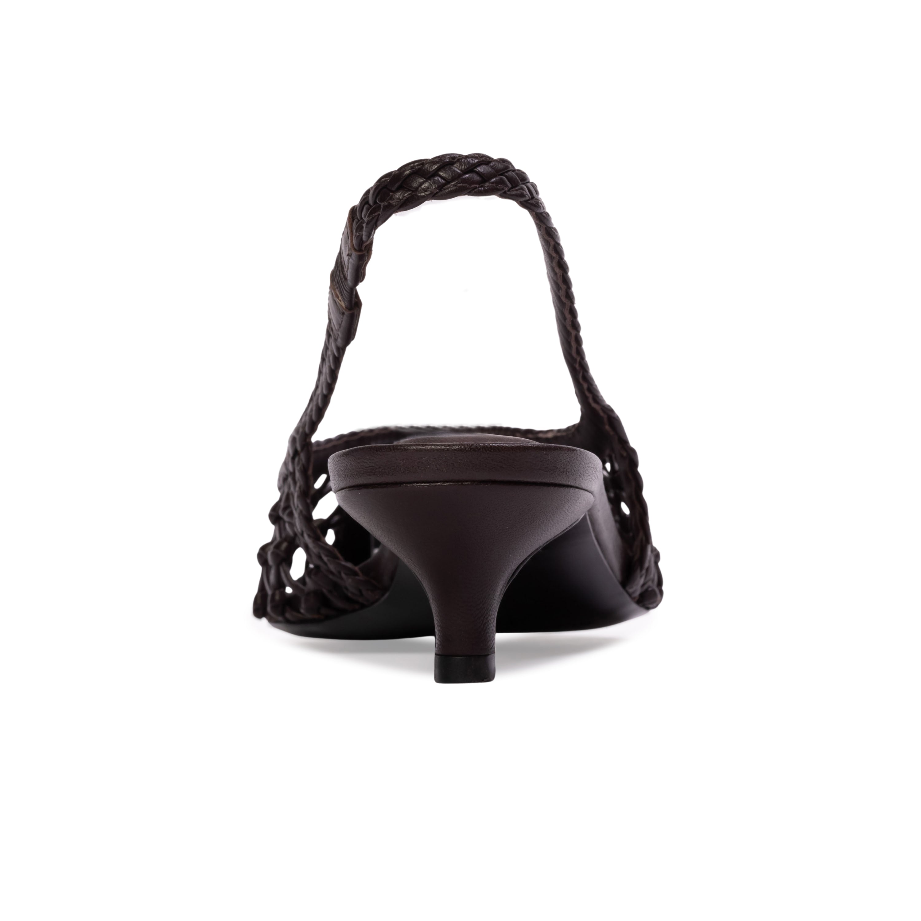 Rear view of the BLACK SUEDE STUDIO Maggie 35 woven leather slingback emphasizing the dark brown kitten heel and braided strap.