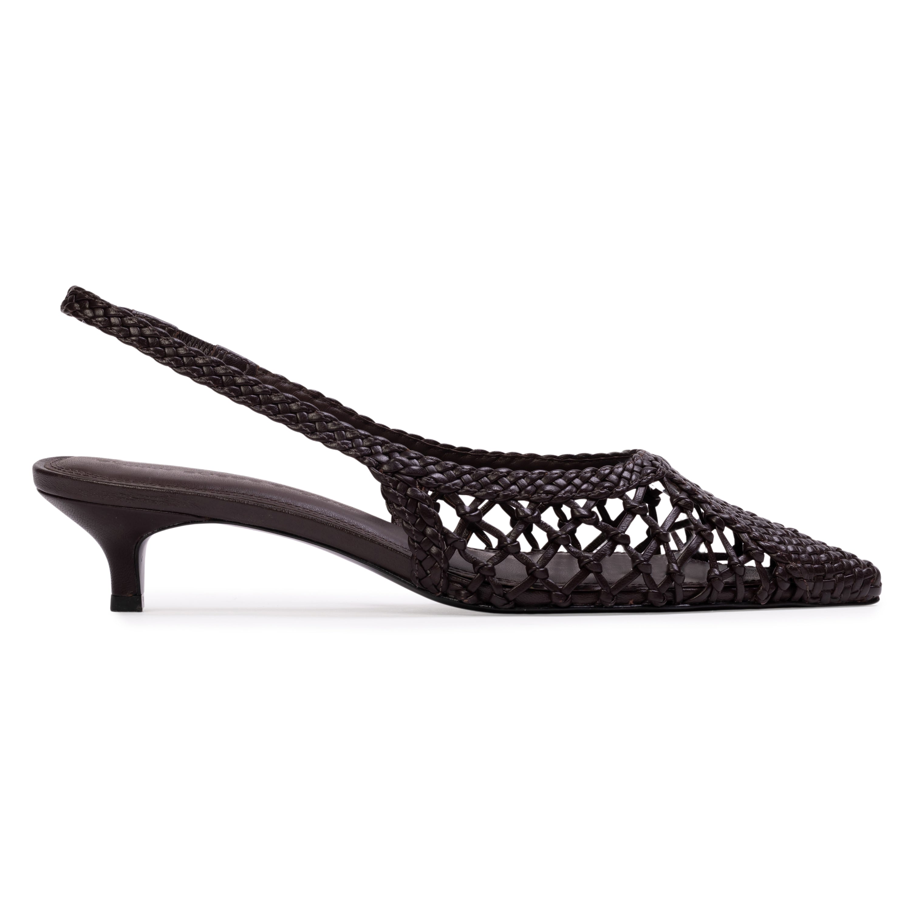 BLACK SUEDE STUDIO Maggie 35 Black Coffee woven leather slingback kitten heel shown from a three-quarter inner profile view.in Blue Salon.