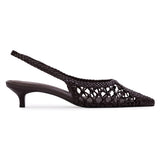 BLACK SUEDE STUDIO Maggie 35 Black Coffee woven leather slingback kitten heel shown from a three-quarter inner profile view.in Blue Salon.