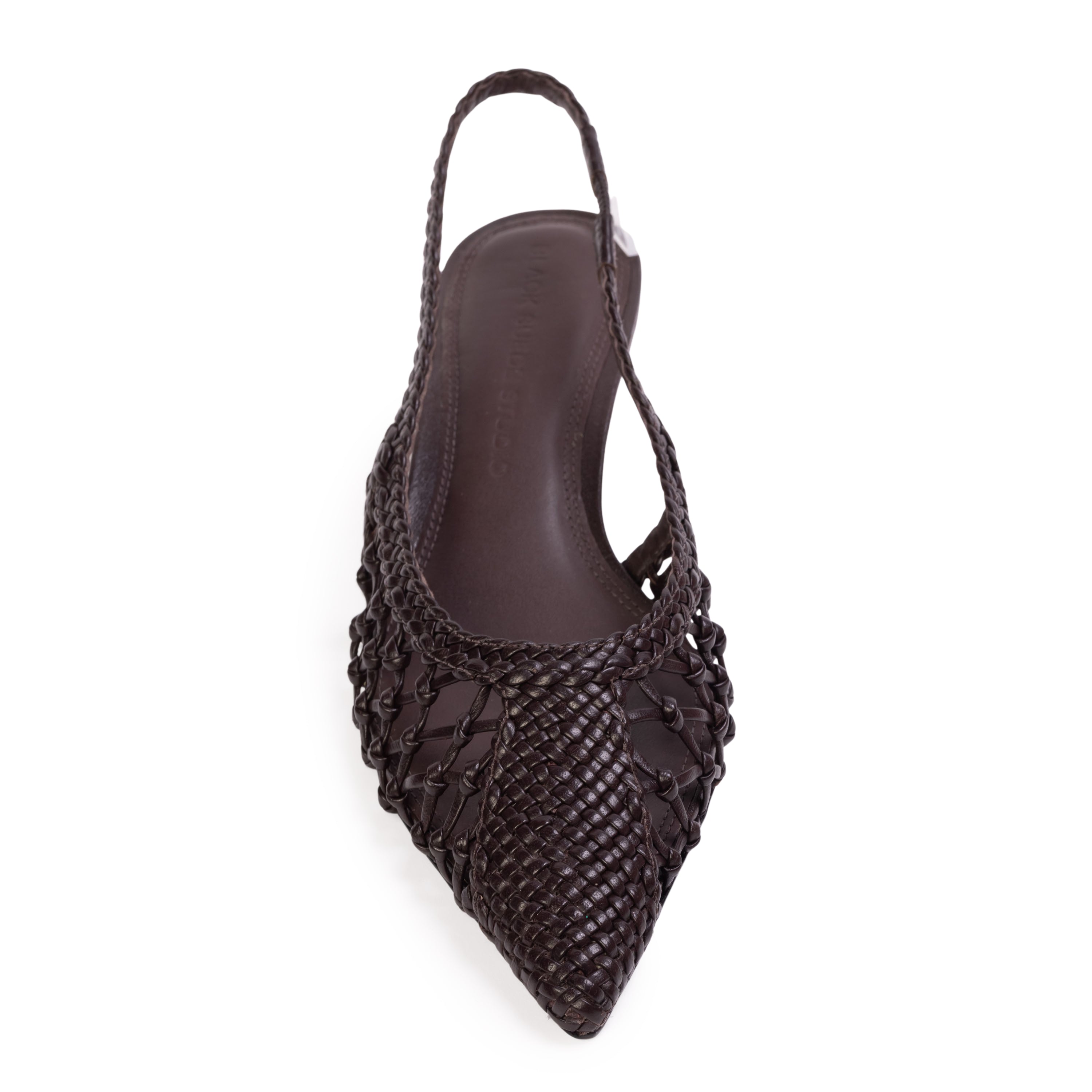 Overhead top-down view of the BLACK SUEDE STUDIO Maggie 35 slingback showing the pointed toe and leather insole.