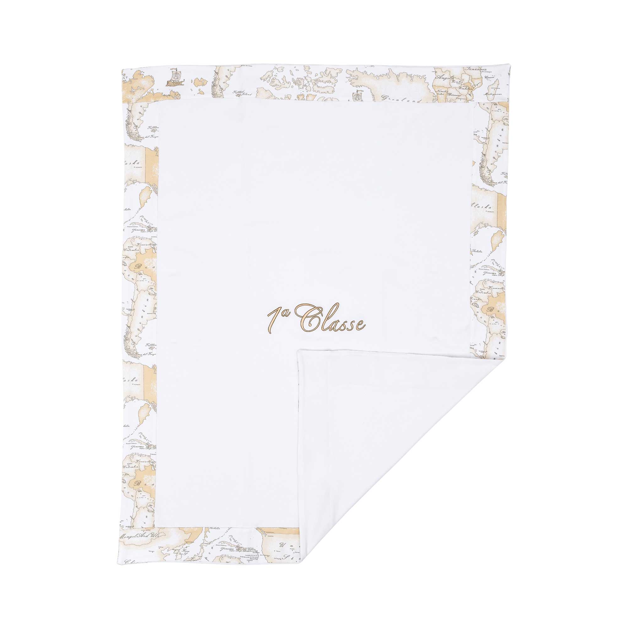 Blanket only folded corner view of the Alviero Martini Kids Newborn White/Beige Geo Print Sleepsuit Set with Hat, Bib & Blanket. Available for Online Purchase at Blue Salon Qatar.