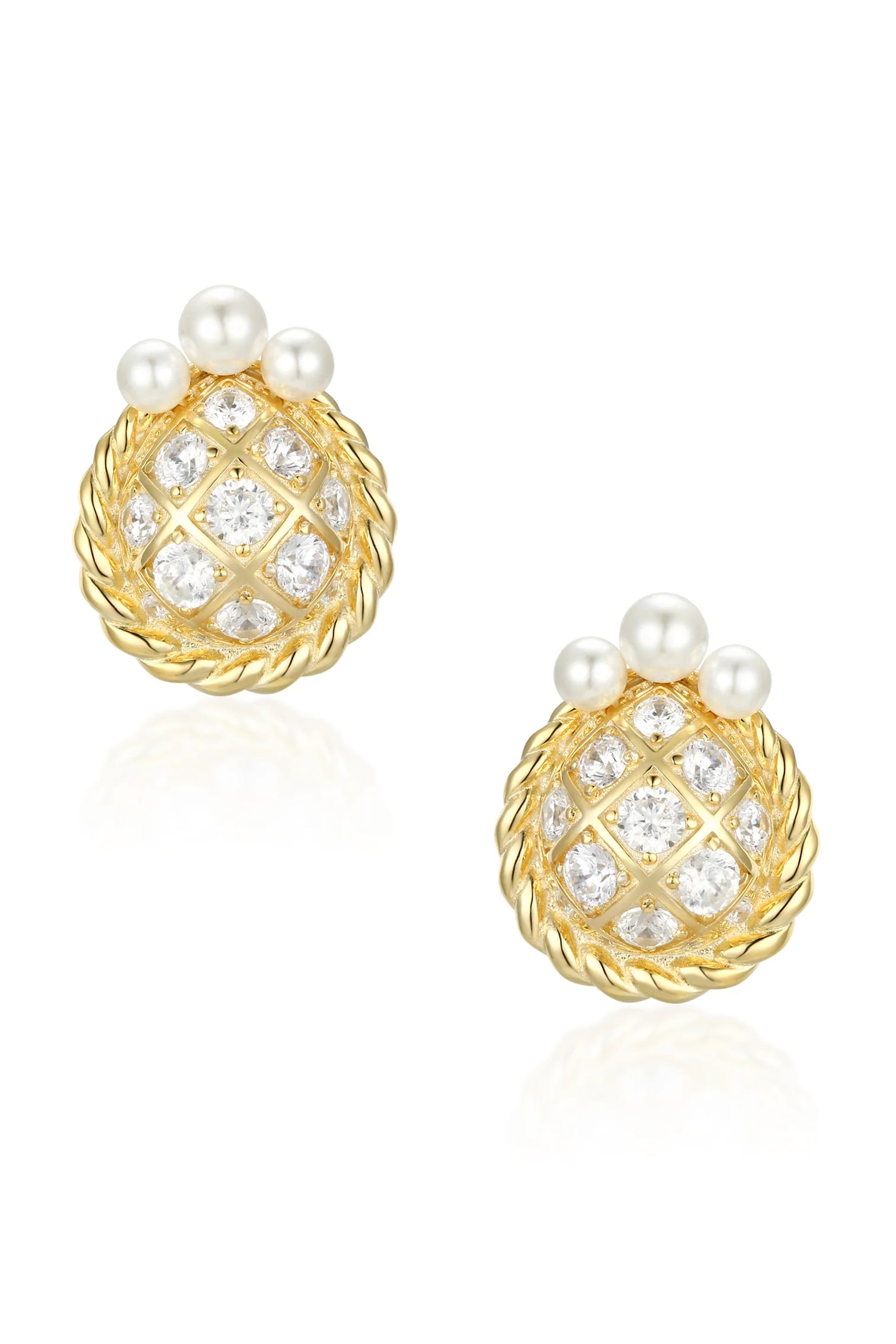 Pair of gold-plated silver stud earrings with white freshwater pearls and clear cubic zirconia stones in a quilted pattern.