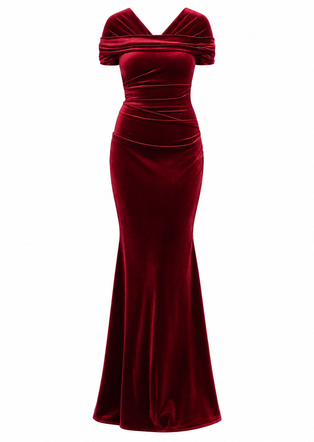 Burgundy velvet long dress with an off-the-shoulder draped neckline, ruched bodice, and a floor-length silhouette.