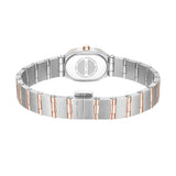 Side perspective view of the petite Aosta watch link band, detailing the polished rose gold center links and the closed low-profile deployment closure layout.