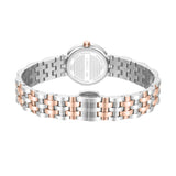 Side perspective view of the Lusia watch link band, detailing the polished rose gold center links and the closed low-profile deployment closure layout.