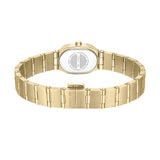 Side perspective view of the petite gold-plated Aosta watch link band, detailing the polished center links and the closed low-profile deployment closure layout.