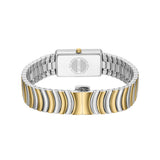 Side perspective view of the Vallucciole luxury watch, detailing the high-shine gold center links set within the brushed silver-toned bracelet.