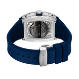 Focused product view of the blue ion-plated stainless steel tang pin buckle on the leather band, showcasing the debossed house signature logo.