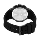 Focused view of the matte black ion-plated stainless steel tang pin buckle on the rubber strap, featuring the etched brand signature.