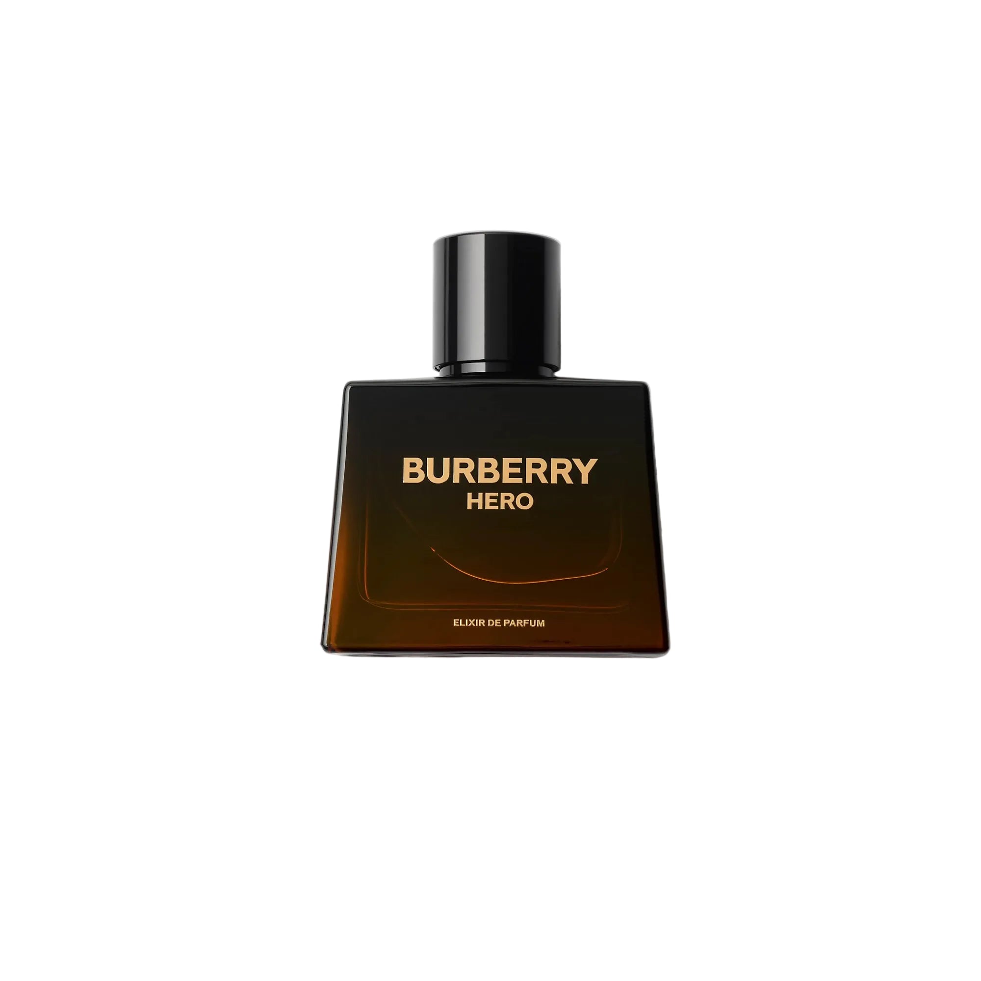 Burberry Hero Elixir de Parfum masculine spray bottle with a deep amber-to-black gradient glass design and a black cap, from Blue Salon Online.