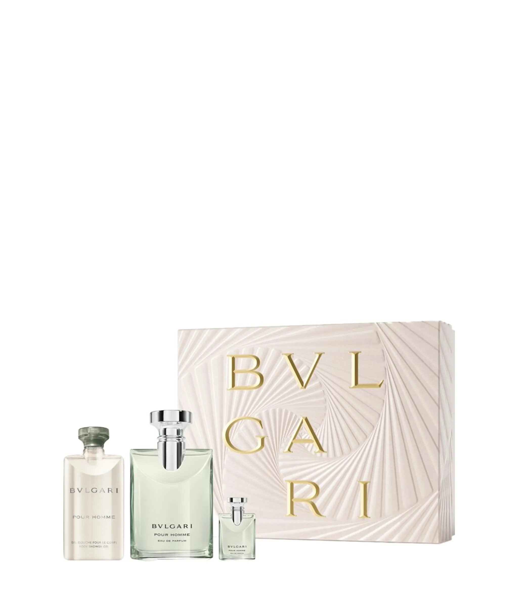 Bulgari perfume set with a box on a white background.