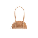 Front view of the BY FAR Kimberly Bowler shoulder bag in fresh green croco-embossed leather featuring a semi-circular body, two long tubular straps, and silver hardware accents.