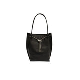 Front view of the BY FAR Kayla shoulder bag in black lambskin leather featuring a slouchy hobo silhouette, dual tubular straps, and a silver-tone chain toggle closure against a neutral background.