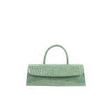 Front view of the BY FAR Mini Longa top handle bag in fresh green croco-embossed leather featuring an elongated rectangular shape and a single curved handle against a light grey background.