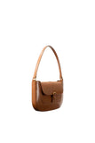 Side view of the BY FAR Miranda shoulder bag in Summer Tan semi-patent leather with a gold buckle detail and slim shoulder strap against a grey background.