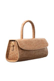 Side view of the BY FAR Mini Longa top handle bag in light tan croco-embossed leather featuring an elongated rectangular shape and a single curved handle against a light grey background.