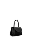 Side view of the BY FAR Mini 2.0 top handle bag in black semi-patent leather featuring a small structured body and a single curved handle against a light grey background.