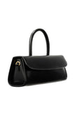 Side view of the BY FAR Mini Longa top handle bag in black semi-patent leather featuring an elongated rectangular silhouette and a single curved handle against a light grey background.