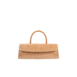 Front view of the BY FAR Mini Longa top handle bag in light tan croco-embossed leather featuring an elongated rectangular shape and a single curved handle against a light grey background.