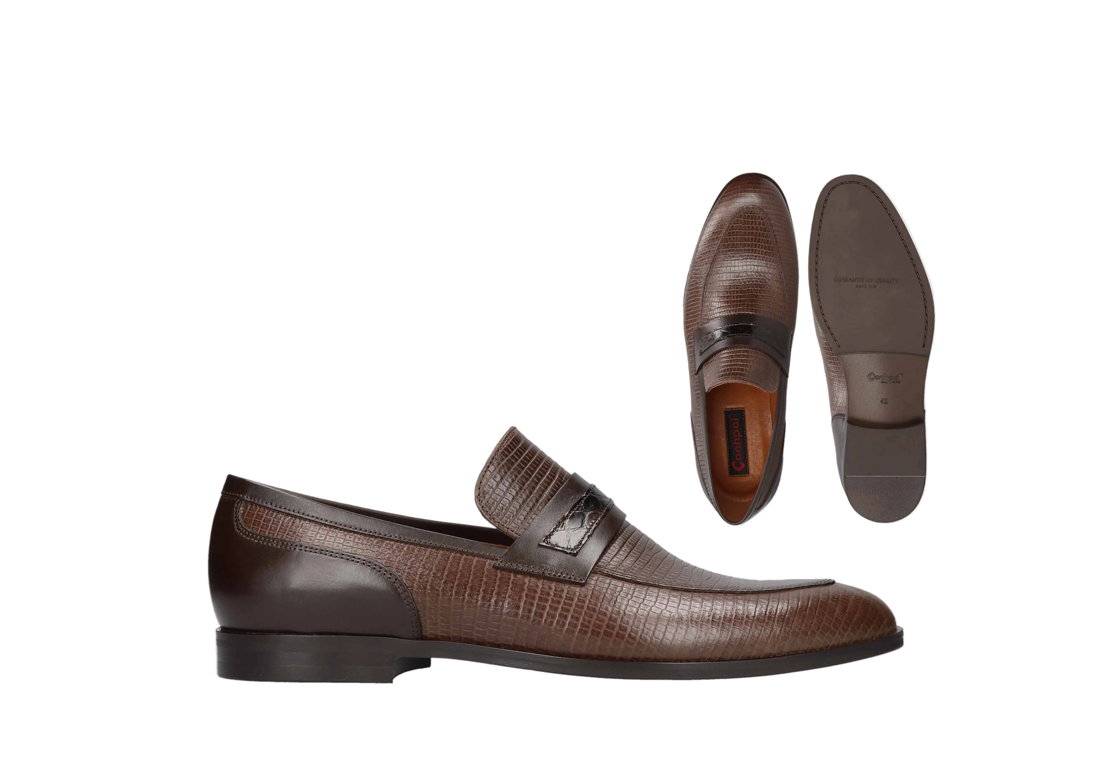 Brown leather penny loafers with a textured, embossed pattern. Features a smooth darker brown heel and a strap with a darker