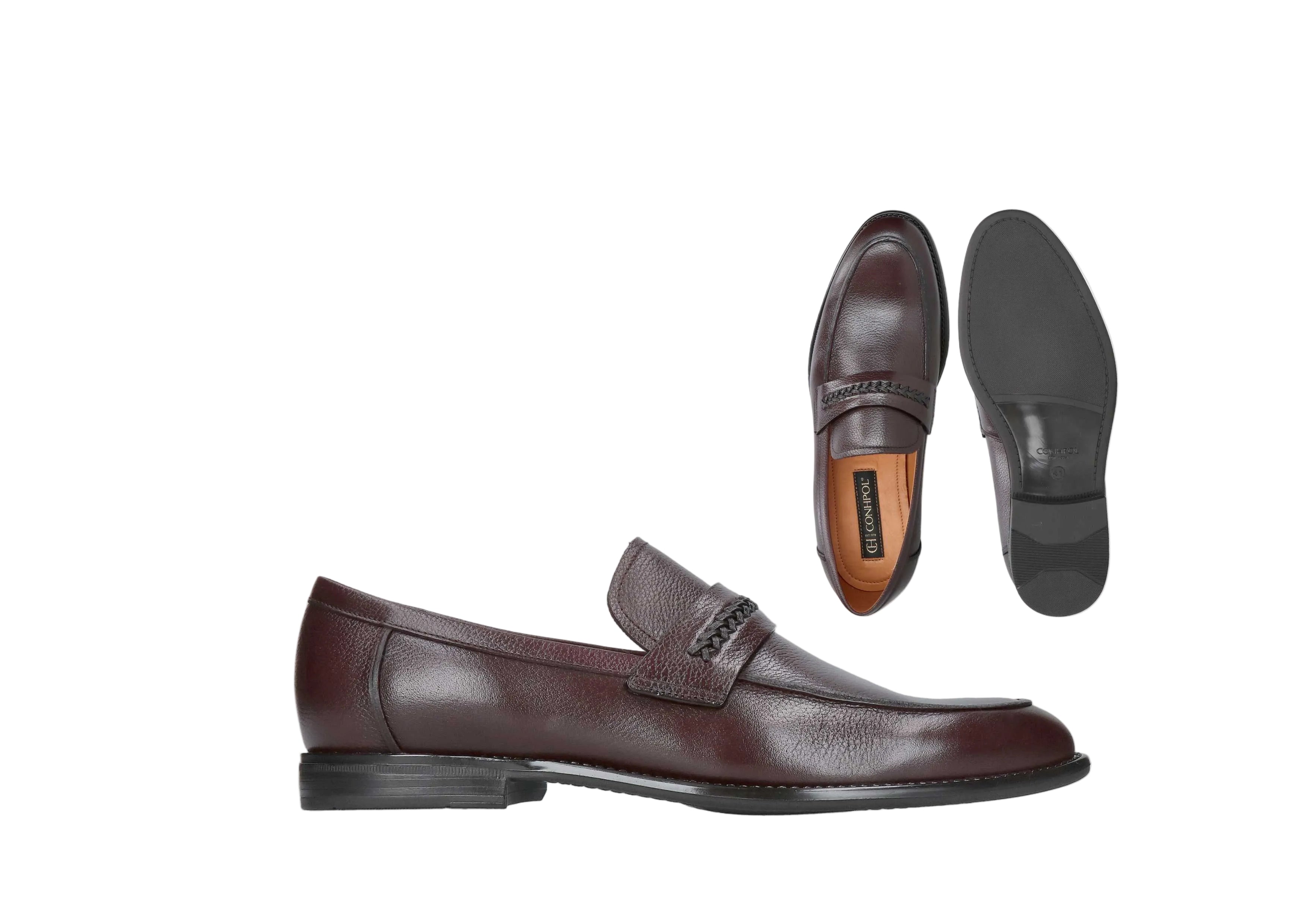 Dark brown textured leather penny loafers with a braided chain detail on the vamp strap and black soles.