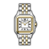 MONTEVA ladies watch with silver-toned and gold-toned link bracelet, square gold-toned case, and white mother-of-pearl dial w