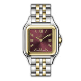 MONTEVA ladies' watch with square silver-toned case, gold-toned bezel, deep red sunray dial, gold Roman numerals, two-toned b
