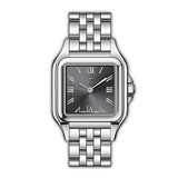 Silver-toned MONTEVA ladies watch with a square case, dark grey sunray dial, Roman numerals, and a metal link bracelet.