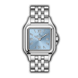 Silver-toned MONTEVA ladies' watch with a cushion-shaped case, light blue dial, Roman numerals, and a three-link metal bracel