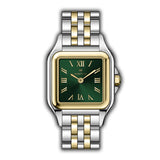 MONTEVA ladies watch with a square gold-toned bezel, green sunburst dial with gold-toned Roman numerals, and a two-toned silv
