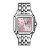 MONTEVA ladies' watch with a silver-toned square case, pink sunray dial, Roman numerals, and a silver-toned metal bracelet.