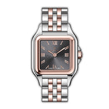 MONTEVA ladies' watch with silver-toned and rose gold-toned metal bracelet, square case, dark grey sunburst dial, rose gold-t