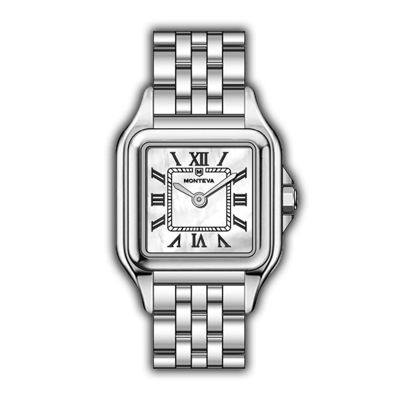 Silver-toned MONTEVA ladies' watch with a square case, white iridescent dial, Roman numerals, and a multi-link bracelet.