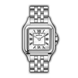 Silver-toned MONTEVA ladies' watch with a square case, white iridescent dial, Roman numerals, and a multi-link bracelet.