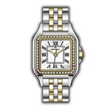 Silver and gold-toned MONTEVA ladies' watch with a square case, white mother-of-pearl dial, Roman numerals, and a crystal-emb