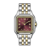 MONTEVA ladies' watch with silver-toned and gold-toned two-tone bracelet, silver-toned cushion case, and a burgundy sunray di