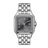 Silver-toned MONTEVA women's watch with a square case, dark grey sunray dial, Roman numerals, and a bezel set with clear ston
