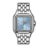 Silver-toned square watch with light blue sunray dial, Roman numerals, and crystal-set bezel on a link bracelet.